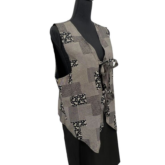 Vintage Smart Parts Lagenlook Multi Print Tie Front Career Business Vest Large - Picture 2 of 4